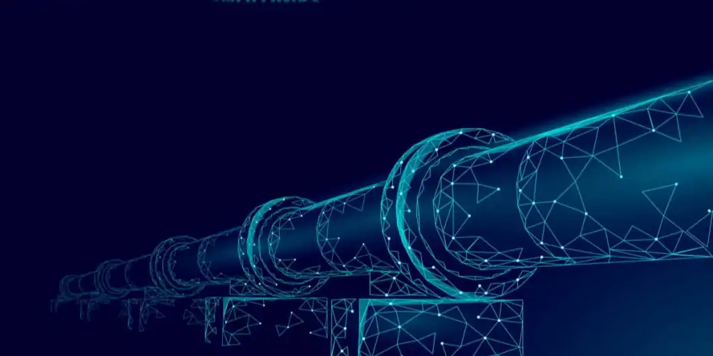 Clean vector graphic of a pipeline system, showing connected pipe segments and valves