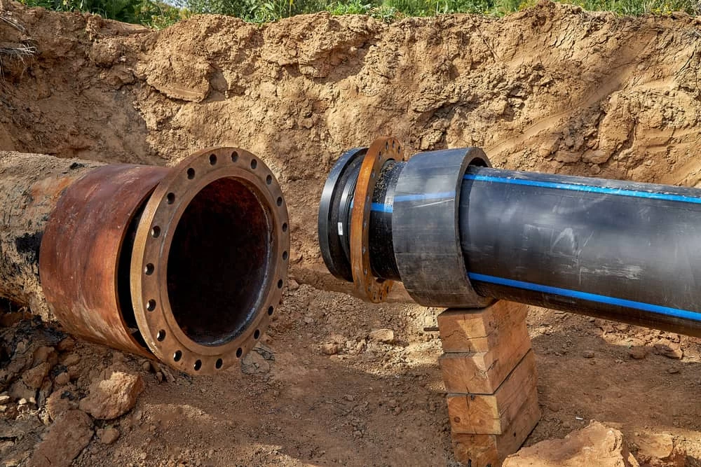 Close-up of old pipes with pipe lining being installed as part of a trenchless pipe repair method
