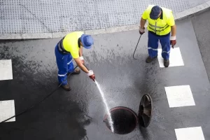 Sewer workers draining a sewer line as part of routine underground maintenance and waste removal